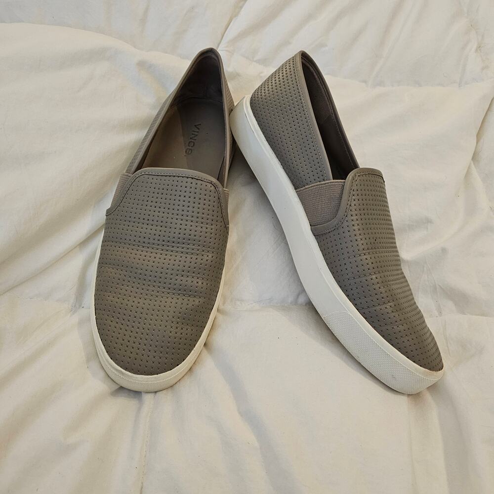 Vince Perforated Slip On Sneakers Taupe Gray Leather Casual Shoes Women Size 8